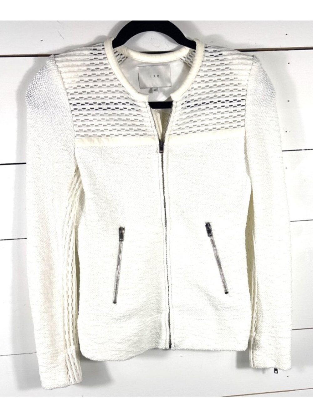 IRO White Textured Cotton & Leather Jacket With Mesh Details Size 36 Full-Zip Fr